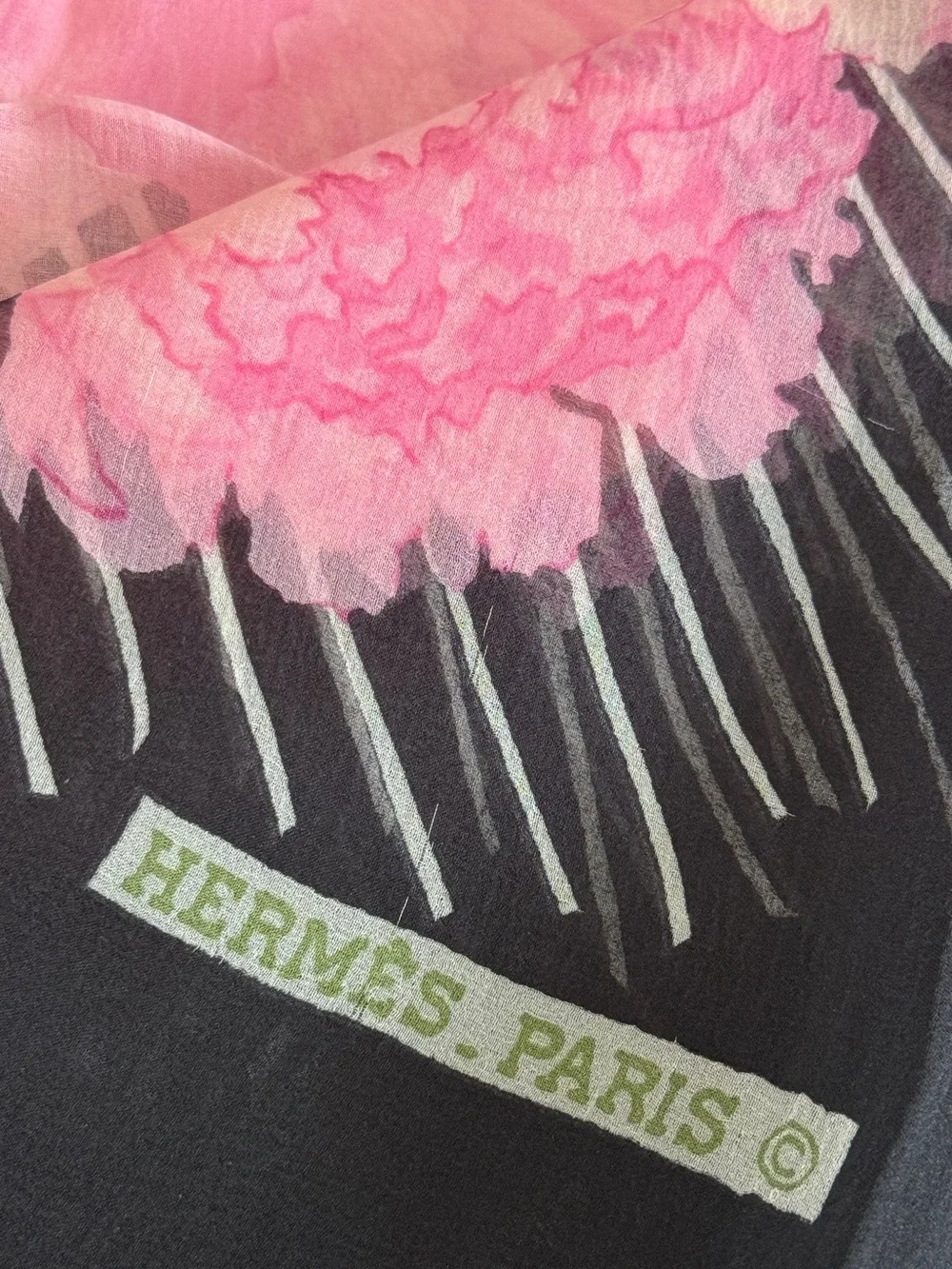 Hermes Pink Floral Silk Scarf with Black Border and Green Leaves
